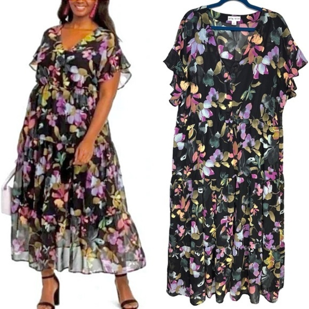 Ava & Viv Black Floral Maxi Dress with Purple, Pink & Green Accents